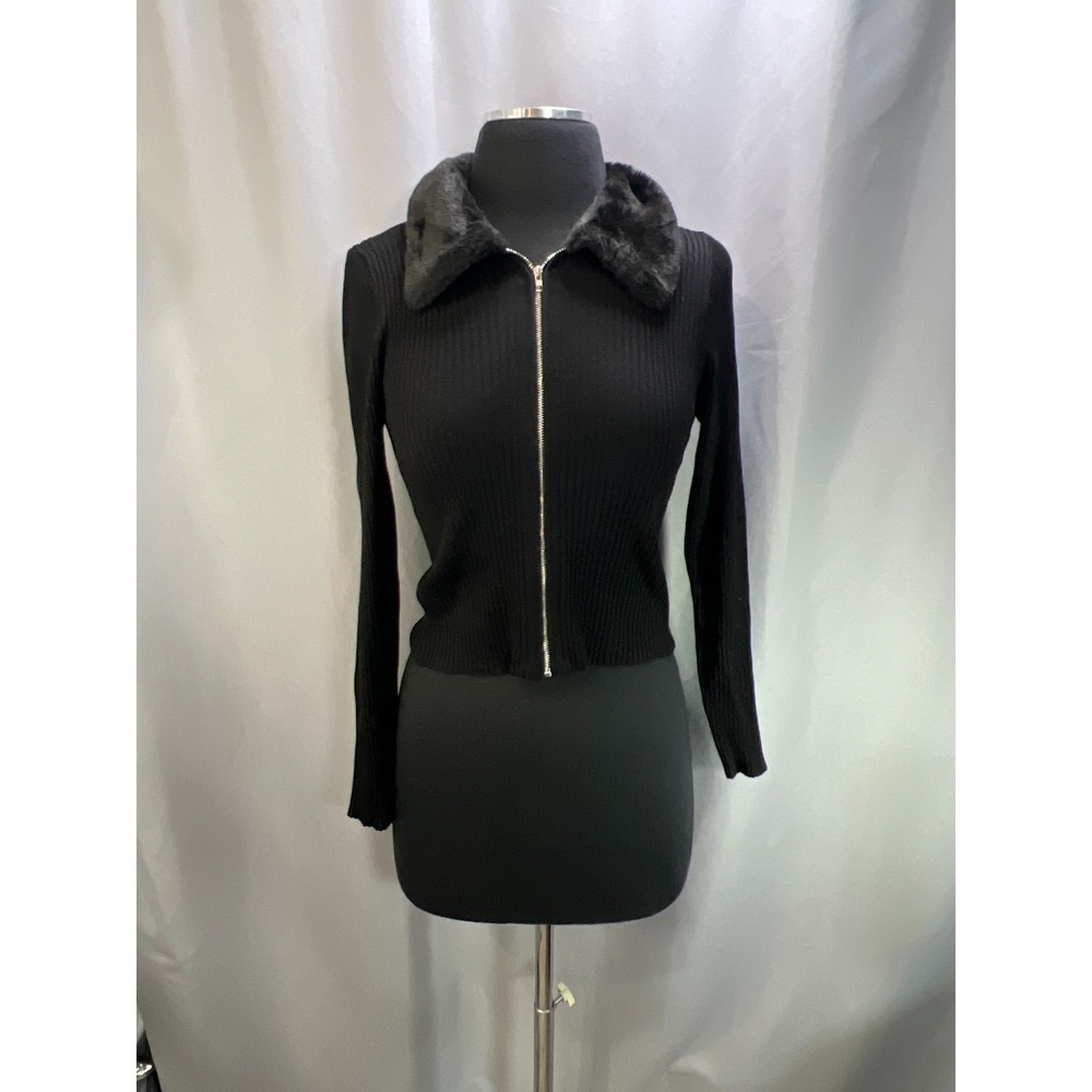 Ultra Flirt Cropped Ribbed Top Women Medium Black Rayon Faux Fur Collar Full Zip